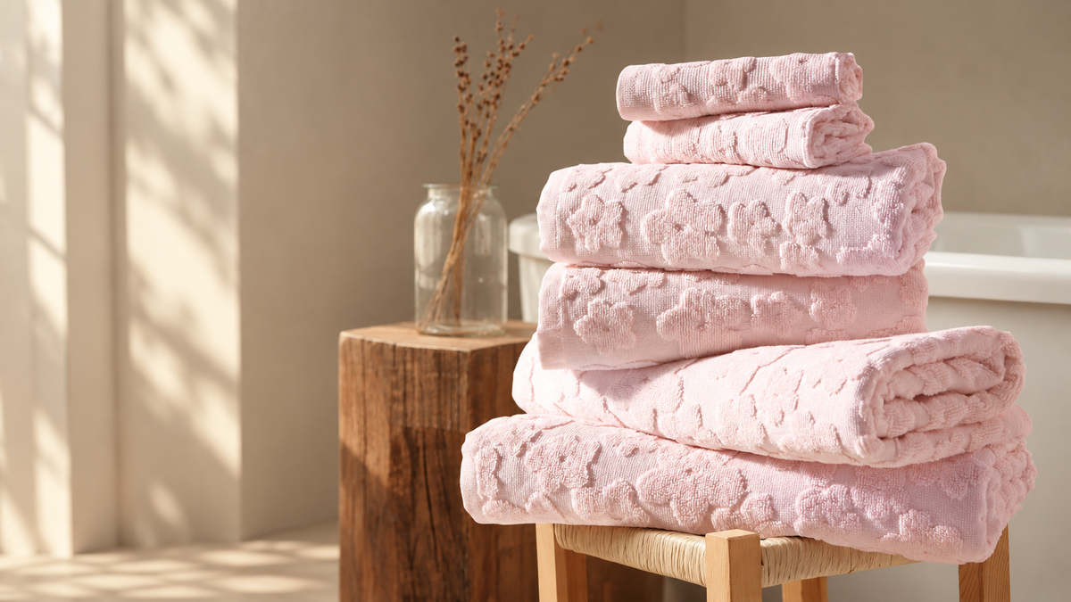 Pink Blossom embossed cotton towels stacked on a wooden stool in a sunlit bathroom